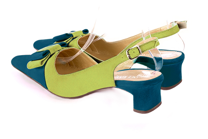Peacock blue and pistachio green women's open back shoes, with a knot. Tapered toe. Low kitten heels. Rear view - Florence KOOIJMAN